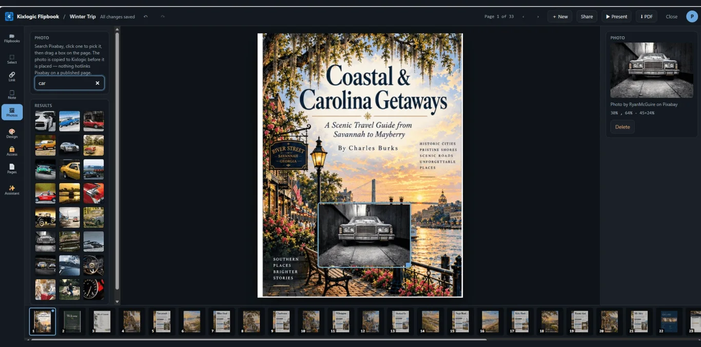 Searching free photos in the Studio and placing one on a page