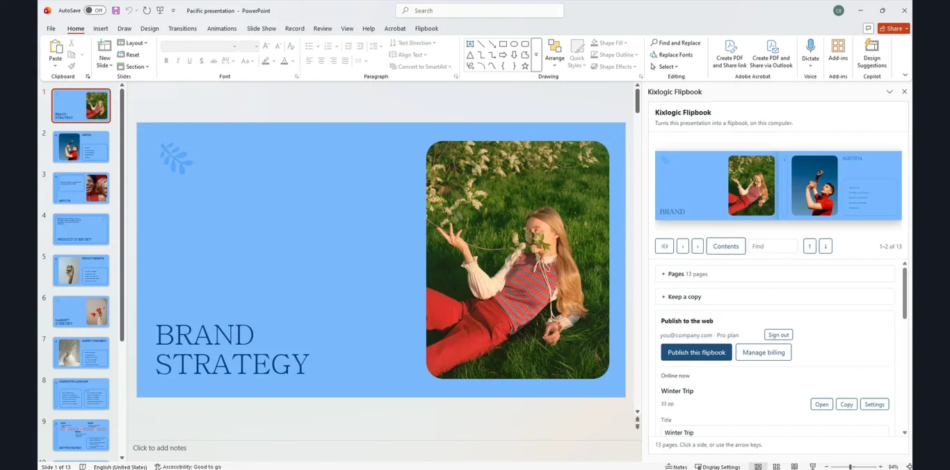 FlipbookIQ in PowerPoint: the flipbook preview beside the slides, with a Publish button