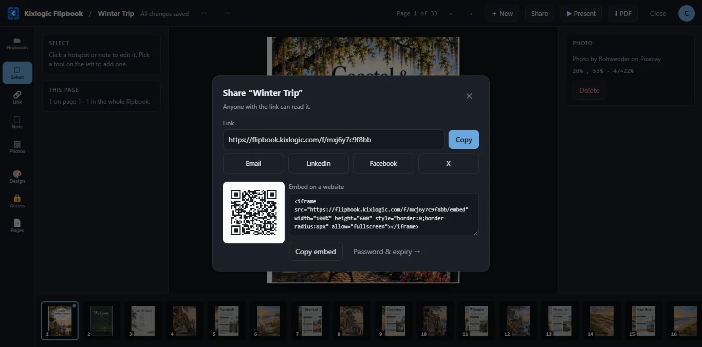 The share window with a link, QR code and embed code