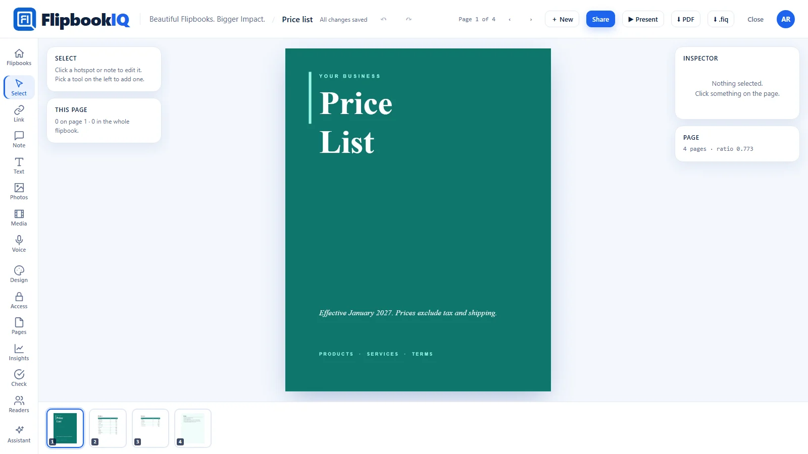 The FlipbookIQ Studio with a price list template open: a page of the price list and the page thumbnails along the bottom