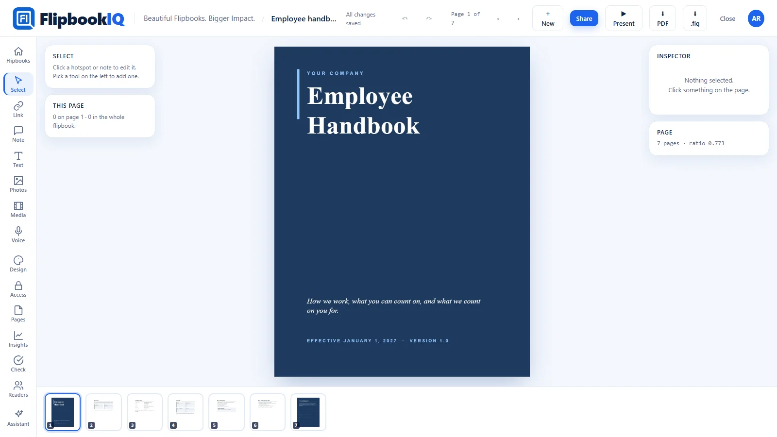 The FlipbookIQ Studio with an employee handbook template open: the cover page and the page thumbnails along the bottom
