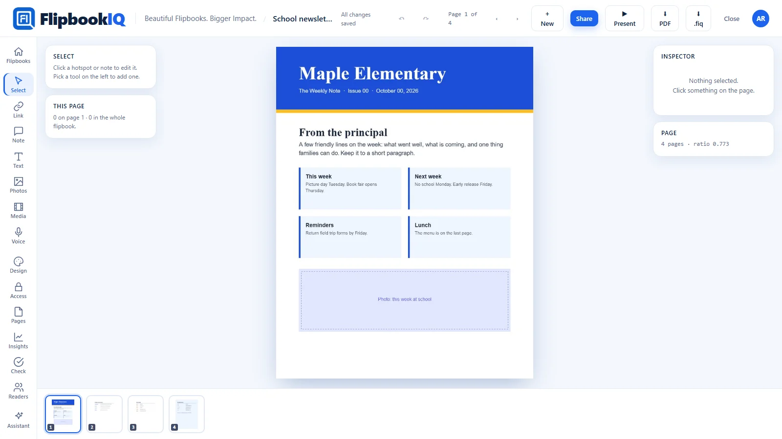 The FlipbookIQ Studio with a school newsletter template open: the front page and the page thumbnails along the bottom