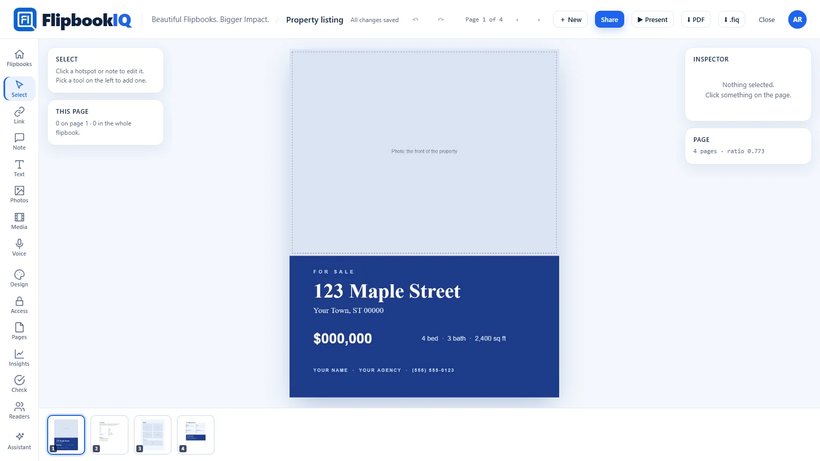 The FlipbookIQ Studio with a property listing template open: a cover with a photo box, the address and the price