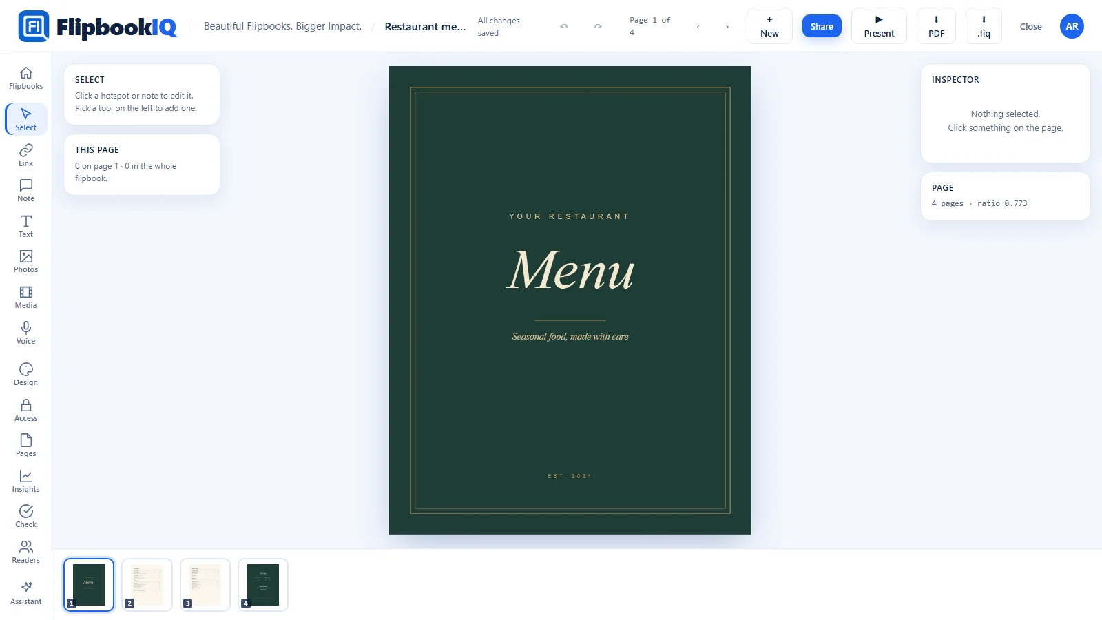 The FlipbookIQ Studio with a restaurant menu template open: the cover page in the middle and every page as a thumbnail along the bottom