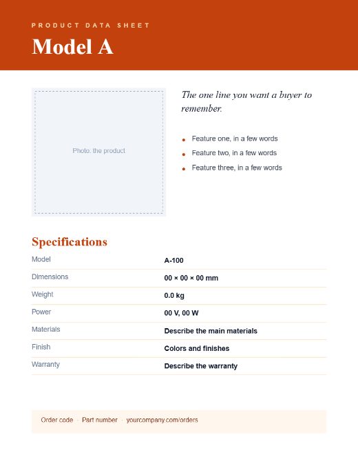 Product spec sheets template preview